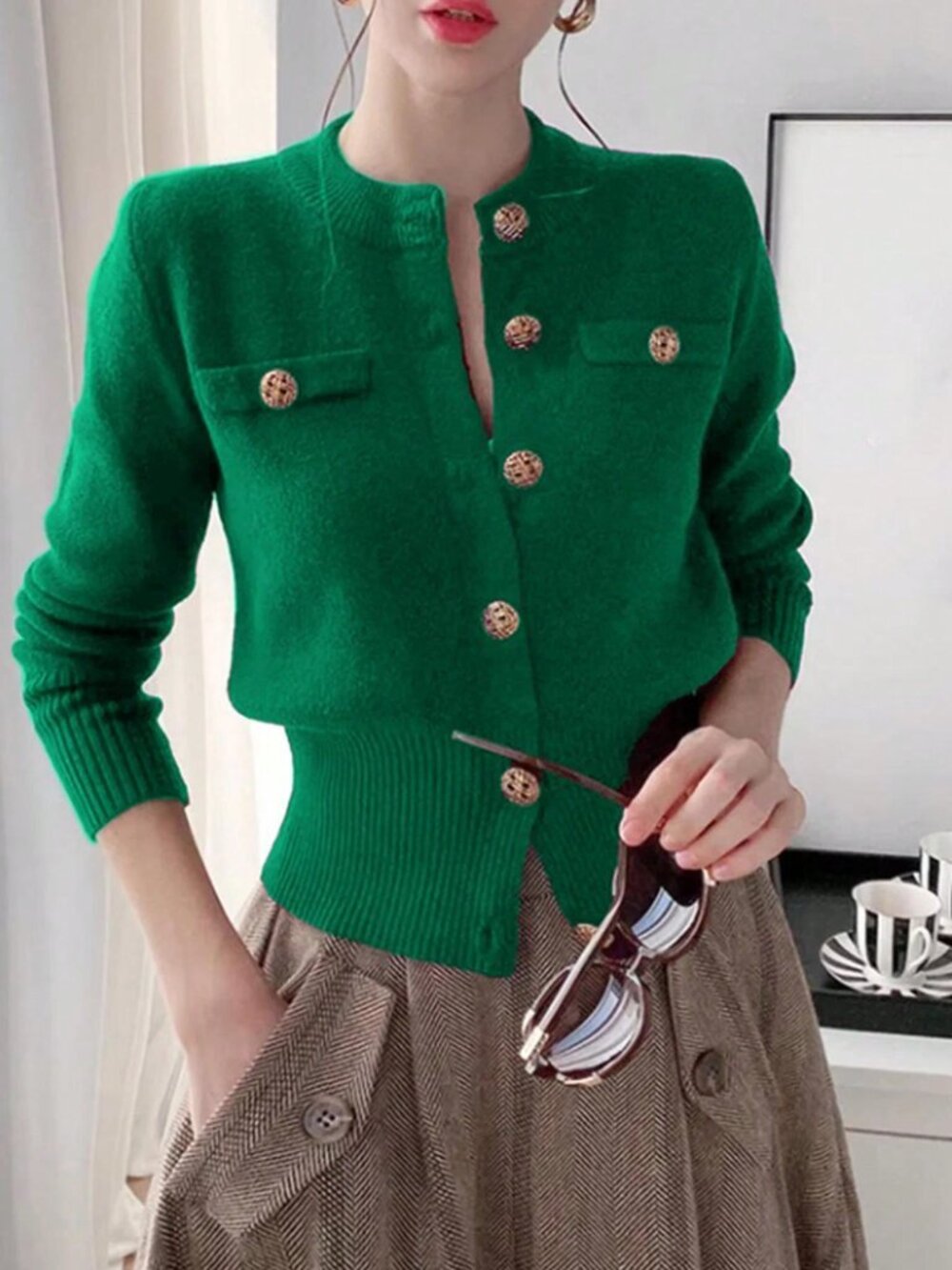 Green Casual Womens Long Sleeve Knitted Ribbed Button Front Faux Pocket Cardigan - Picture 4 of 5